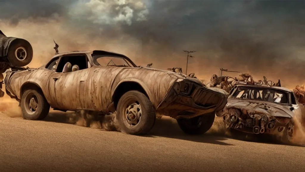 Image similar to mad max cars in a pixar movie