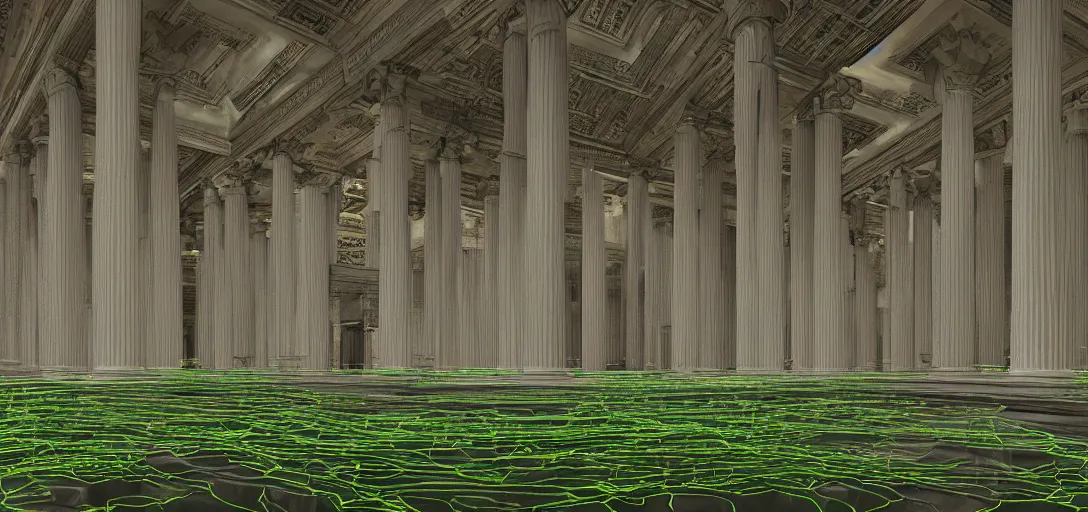 Prompt: Interior Gigantic Greek Temple completely covered in green lychen. Wires, Diodes, Cables, in the graphic style of Patrick Gleason and SANA TAKEDA artstation, hyper detailed, high detail, Zbrush, trending on artstation, trending on artist, beautifully lit, glow, cinematic, soft light, HDR, detailed, photorealistic, volumetric, intricate, high detail, realistic, photo-bash, 8k symmetric Beautiful comic art