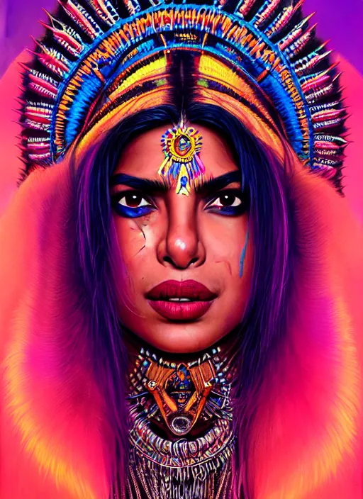 Image similar to portrait of priyanka chopra, hyper detailed ultra sharp aztec shaman warrior. trending on artstation, warpaint aesthetic, bloodwave, colorful, psychedelic, ornate, intricate, digital painting, concept art, smooth, sharp focus, illustration, art by artgerm and greg rutkowski and h. r. giger, 8 k