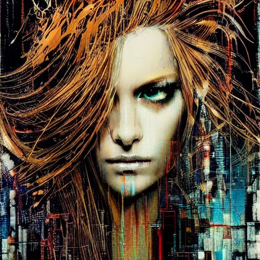 Prompt: hyperrealistic portrait of a mysterious cyberpunk woman with flowing hair, by Guy Denning, Russ Mills, beautiful, elusive, glitch art, hacking effects, sharp focus, glitch effects, brown eyes, digital tech effects, cybernetics, detailed lines, intricate detail, holographic, polished, chromatic, clear, color blocking, acrylic on canvas, octane, concept art, abstract, red face, front view, artistic, 8k, cgsociety, trending on artstation