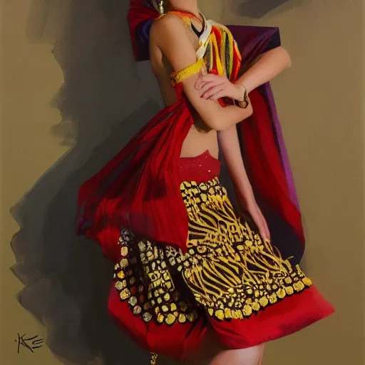 Prompt: fashion designing oil on canvas by Krenz Cushart of a beautiful cute girl wearing modern stylish costume in the style of Assamese bihu mekhela sador gamosa design, slim female figure, elegant glamourous cosplay, exotic, ornamental, intricate, sensual pose, medium shot, mid-shot, highly detailed, trending on Artstation, featured on pixiv, golden ratio, sharp focus, cinematic lighting