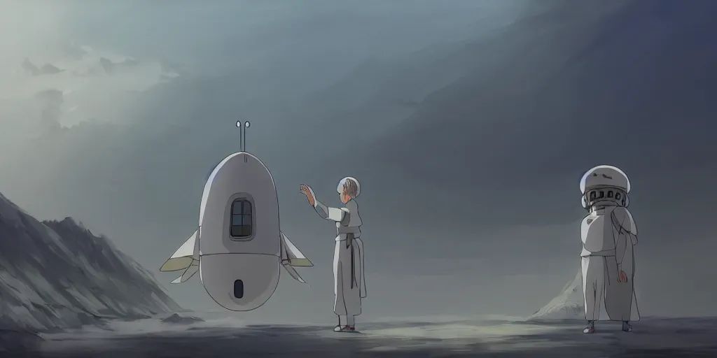 Prompt: an asymmetrical cell - shaded studio ghibli concept art study of a giant silver hovering ufo and an elegant alien greeting a middle eastern merchant. very dull colors,, hd, 4 k, hq