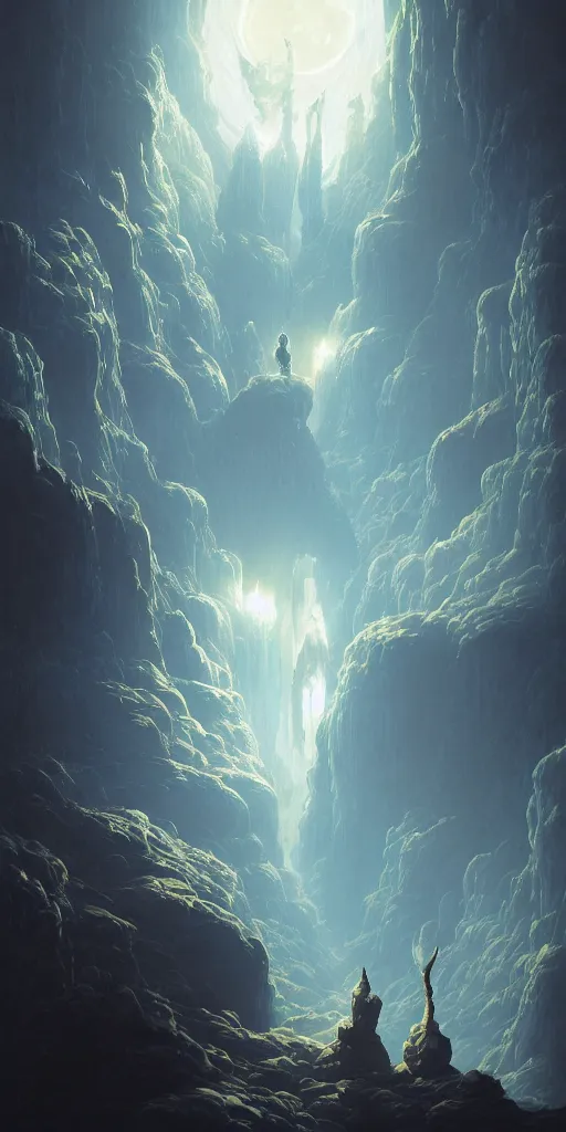 Image similar to Detailed Interior of the Blue Moon Cratered Canyon, Nebula Sky, Airless, light shafts, the glowing throne, stunning atmosphere, in Style of Peter Mohrbacher, cinematic lighting