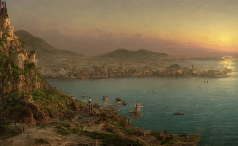 Image similar to early 1900s large port city with a castle on a hill overlooking the ocean, at dusk, distant mountains, 4k, rule of thirds, extreme detail, hazy water, intricate ink illustration, trending on artstation, cgsociety, hd, calm, complimentary colours, realistic lighting, by Albert Bierstadt, Frederic Edwin Church.