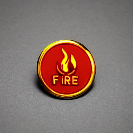 Image similar to an award - winning photo of a retro minimalistic clean fire flames warning label enamel pin, studio lighting, behance