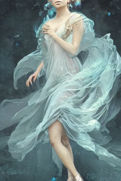 Image similar to beautiful!!! woman dressed in a vaporous wrapped large victorian pale blue roses silk semi-transparent dress fashion is running, fantasy, intricate, elegant, highly detailed, digital painting, trending on artstation, concept art, matte, sharp focus, illustration, art by Artgerm and Greg Rutkowski and Alphonse Mucha, instagram model