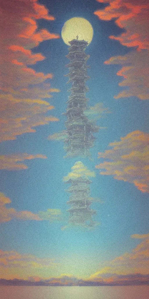 Prompt: “ a landscape pastel in the style of noriyoshi ohrai of an ancient holy tower, it has iridescent mana radiating from it. it is centered. the background is the sky at night. retrofuturistic fantasy ”