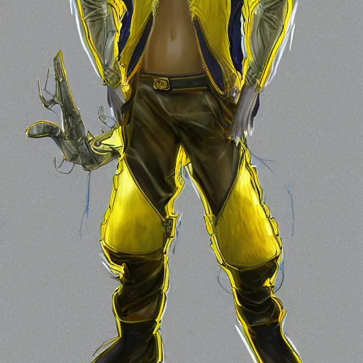 Prompt: elven male, shaggy blonde hair. Wearing modern yellow leather jacket and blue camouflage pants. Modern, concept art, Akikazu Mizuno, phantasy star online, anime