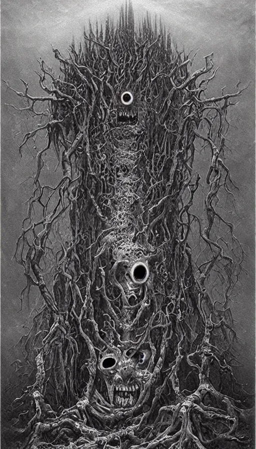 Image similar to a storm vortex made of many demonic eyes and teeth, by zdzisław beksinski