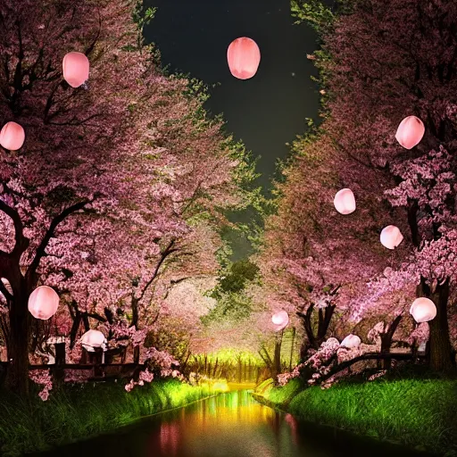 Image similar to photorealistic beautiful cherry blossom forest with paper lanterns illuminating the stone pathway. hyperdetailed photorealism, 1 0 8 megapixels, river, amazing depth, glowing rich colors, powerful imagery, psychedelic overtones, 3 d finalrender, 3 d shading, cinematic lighting, artstation concept art