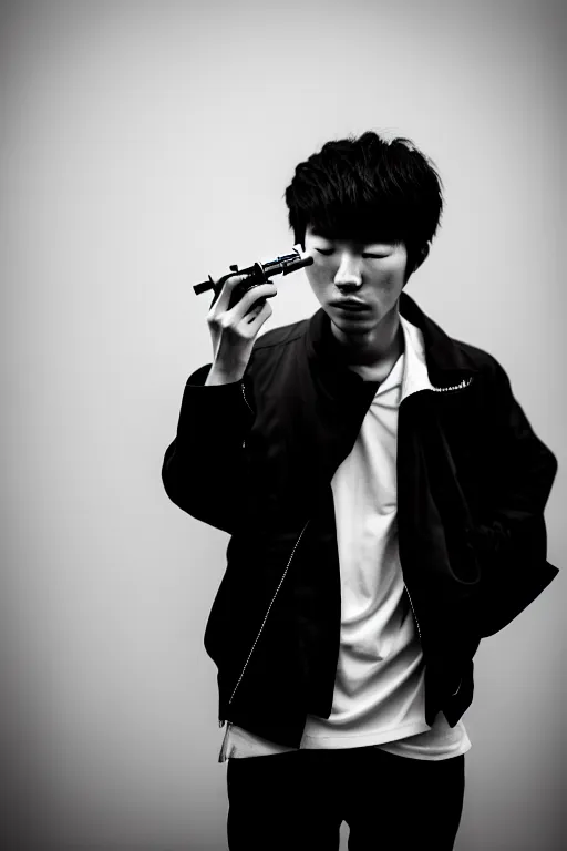 Image similar to photography masterpiece by haruto hoshi and yang seung woo, flash photography portrait of young japanese man smoking, shot on a canon 5 d mark iii with a 3 5 mm lens aperture f / 5. 6, full frame, full res, film grain, dynamic composition, high camera angle, hyper realistic