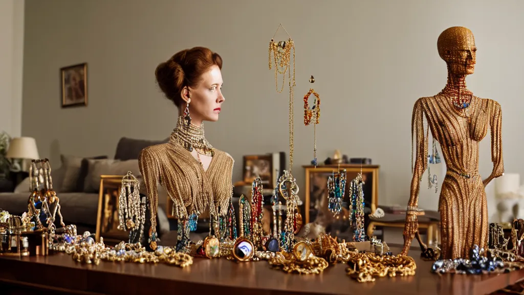 Image similar to a woman made of jewelry stands in the living room, film still from the movie directed by Denis Villeneuve with art direction by Salvador Dalí, wide lens, 4K, realistic