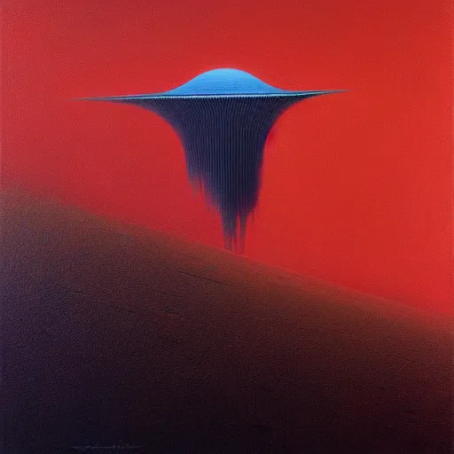 Image similar to long shot of among us red character, space ship in the background, amogus, art by zdzislav beksinski, high quality, dark hues, higly detailed, oil painting