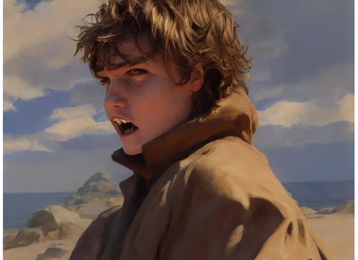 Image similar to a highly detailed beautiful portrait of anakin skywalker hissing at sand, by gregory manchess, james gurney, james jean