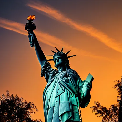 Prompt: Golden Statue of Liberty, sunset, golden hour