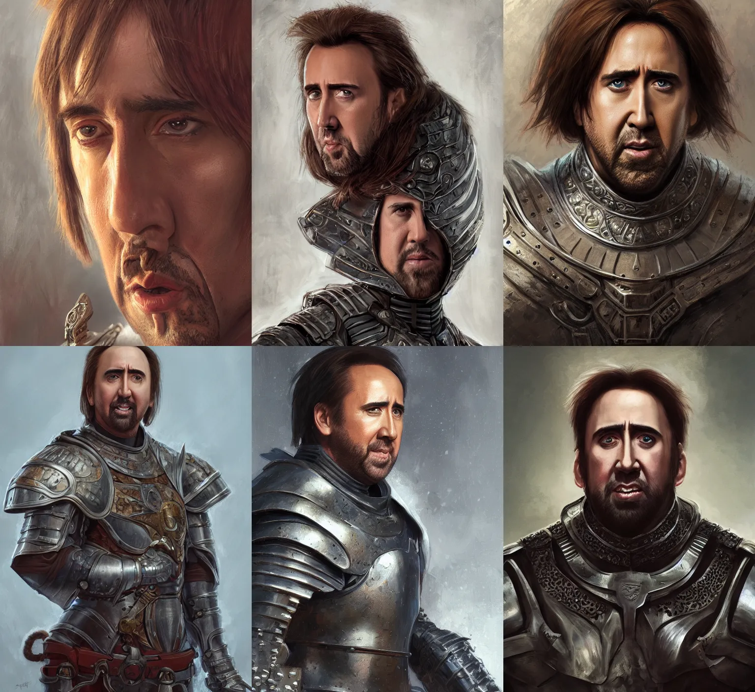 Prompt: portrait nicolas cage, bowl haircut, medieval armor, marvel comics, intricate, highly detailed, artstation, aleksi briclot, mandy jurgens, rutkowski