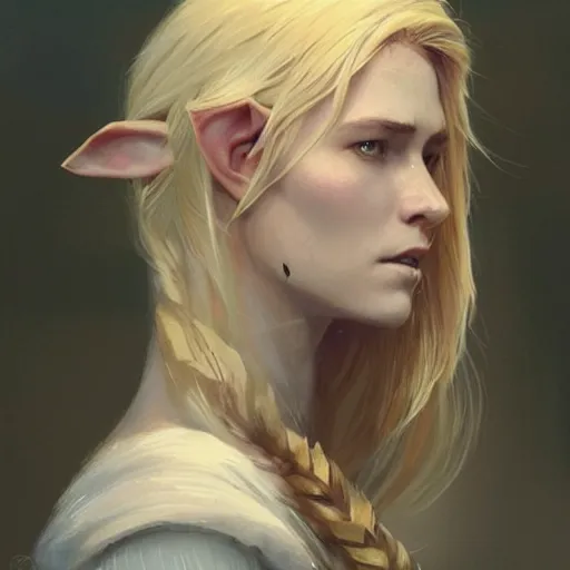 Image similar to a beautiful artwork side profile portrait of a highland elf with long blonde hair and pale skin by greg rutkowski , featured on artstation, fantasy