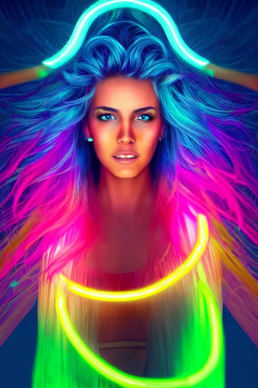 Image similar to a award winning half body portrait of a beautiful woman with stunning eyes in a croptop and cargo pants with rainbow colored ombre hairstyle head in motion and hair flying by thomas danthony, surrounded by whirling illuminated neon lines, outrun, vaporware, shaded flat illustration, digital art, trending on artstation, highly detailed, fine detail, intricate