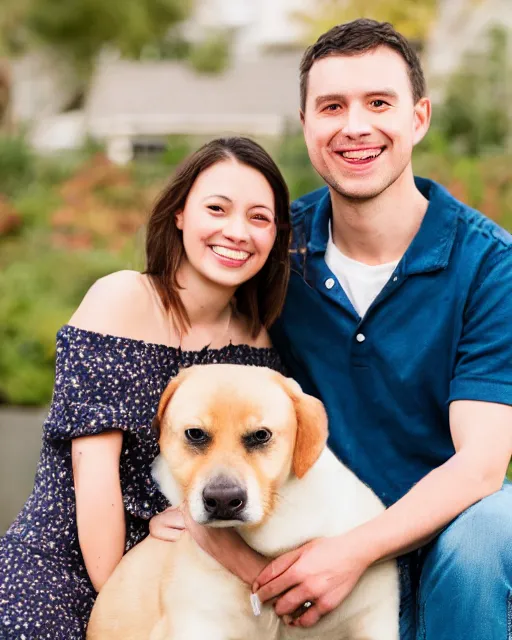 Prompt: An extremely wholesome studio portrait of a happy young couple with their dog, bokeh, 90mm, f/1.4