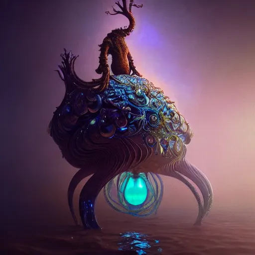 Image similar to iridescent creature, backlit, warm tones, bioluminescent : by michal karcz, daniel merriam, victo ngai and guillermo del toro : ornate, dynamic, particulate, intricate, elegant, highly detailed, centered, artstation, smooth, sharp focus, octane render