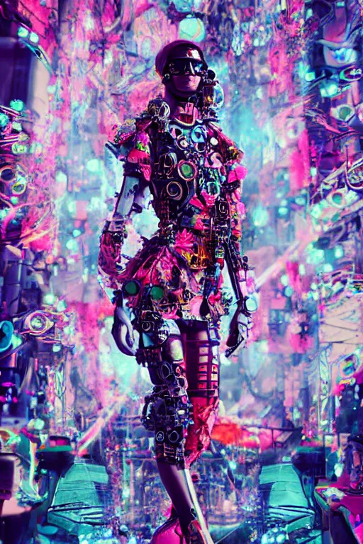 Prompt: antediluvian steppe magical girl wearing cybernetic floral valentino resort ss 2 0 1 4, cyberpunk steppe market background, bright fashion photography, hyperrealistic