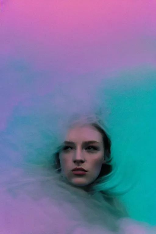 Image similar to high quality pastel coloured film close up wide angle photograph of a model wearing clothing swimming on cloud furniture in a icelandic black rock!! environment in a partially haze filled dreamstate world. three point light, rainbow. photographic production. art directed. pastel colours. volumetric clouds. pastel gradient overlay. waves glitch artefacts. extreme facial clarity. 8 k. filmic.