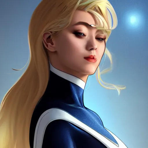 Image similar to a beautiful portrait of a beautiful cute superhero woman, blonde hair, matte navy - blue bodysuit, white cape, intricate, elegant, 8 k, highly detailed, digital painting, concept art, smooth, sharp focus, illustration, disney, anime, by artgerm and loish and wlop and alphonse mucha