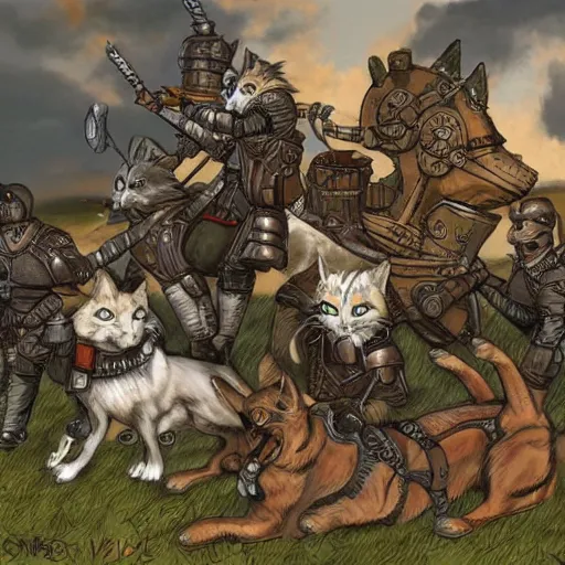 Image similar to Warrior cats riding large wardogs into battle, steampunk weapons and armour