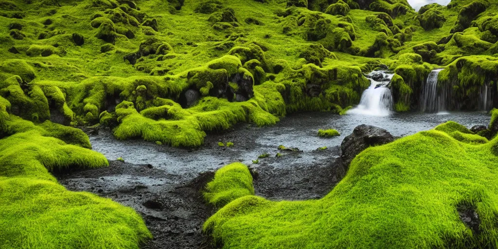 Image similar to photo of a landscape with lush forest, wallpaper, very very wide shot, iceland, new zeeland, green flush moss, national geographic, award landscape photography, professional landscape photography, waterfall, stream of water, hibiscus flowers, big sharp rock, ancient forest, primordial, sunny, day time, beautiful