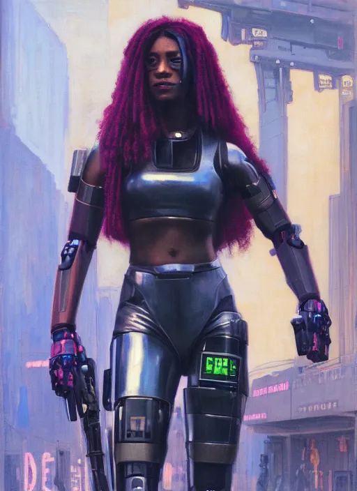 Image similar to Juliana Igwe. Buff Cyberpunk policewoman with robotic stilt legs. (Cyberpunk 2077, bladerunner 2049). gorgeous face. Patrolling at night. Iranian orientalist portrait by john william waterhouse and Edwin Longsden Long and Theodore Ralli and Nasreddine Dinet, oil on canvas. Cinematic, vivid colors, hyper realism, realistic proportions, dramatic lighting, high detail 4k