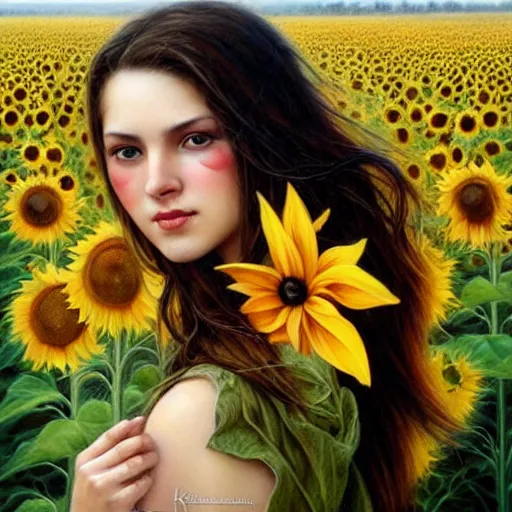 Image similar to a girl slowly walking through amazing tall sunflower field, hair flowing, early morning lightning, bad weather approaching, elegant, subtle, intricate details, real masterpiece, oil on canvas, by karol bak, ayami kojima, artgerm, smile, concept art, fantasy