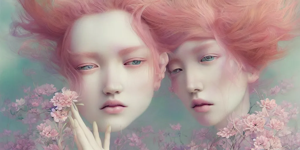 Prompt: highly detailed pastel colors of an ethereal ginger beauty morphing gradually into flowers, by artgerm and hsiao - ron cheng, smooth composition, fine patterns and detail