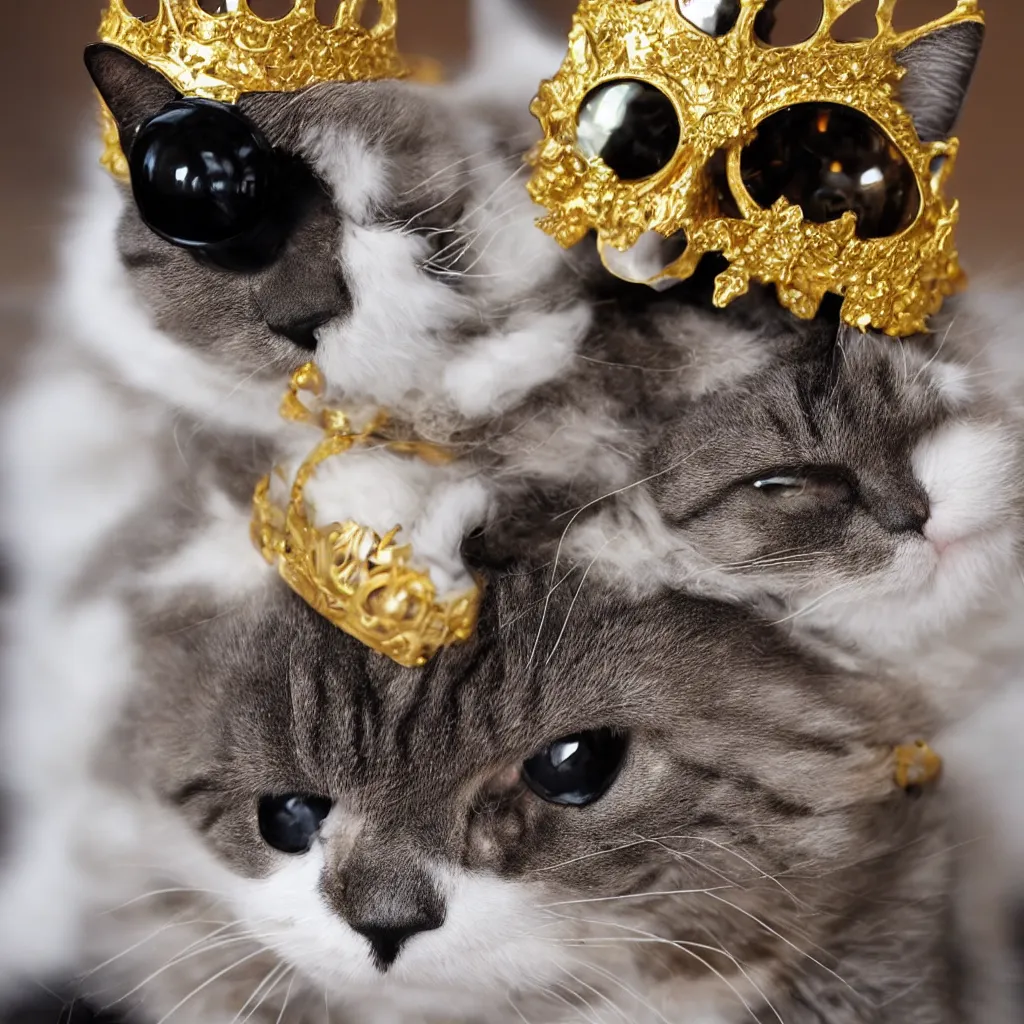 Image similar to a cat wearing an elegant golden crown and black goggles