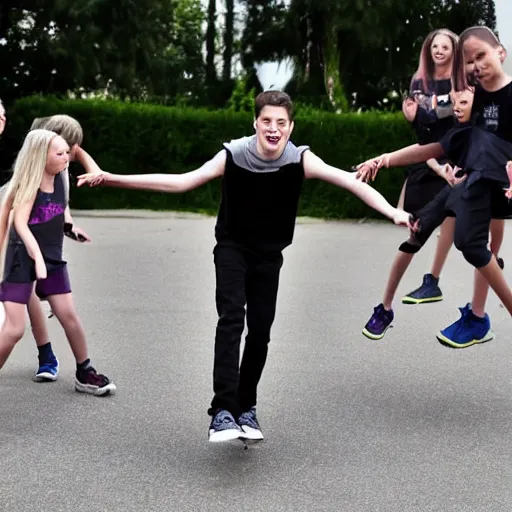 Image similar to pete davidson playing jump rope with a bunch of small girls, cheering him on, pete davidson is wearing all black