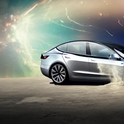 Image similar to tesla model 3 floating in space