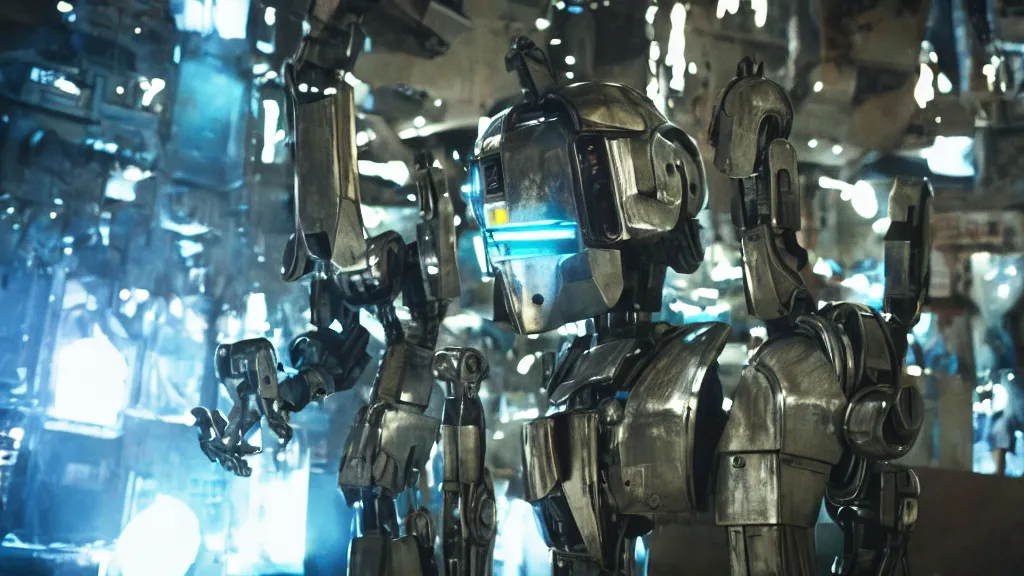 Prompt: film still from the movie chappie of the robot chappie shiny metal indoor dance party rave scene bokeh depth of field several figures furry anthro anthropomorphic stylized cat ears head android service droid robot machine fursona