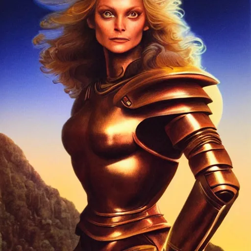 Prompt: portrait of a stunningly beautiful paladin in copper plate armor who looks like young michelle pfeiffer, moonlight in the background by boris vallejo and julie bell, upper body, soft details, soft lighting, HD, elegant, intricate, masterpiece