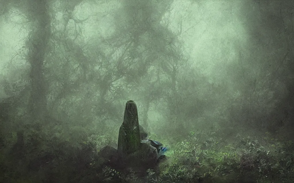 Image similar to the sleeping stone prince submerged in shadow and mist overgrown garden (melancholy), exquisite painting, moody colors chromatic aberration