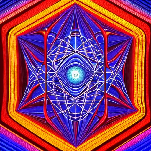 Image similar to cinematic view of a dmt hyper cube filled with intricate and perfect patterns, moebius, alex grey, android jones, oil on canvas, masterpiece, trending on artstation, featured on pixiv, cinematic composition, sharp, details, hyper - detailed, hd, hdr, 4 k, 8 k