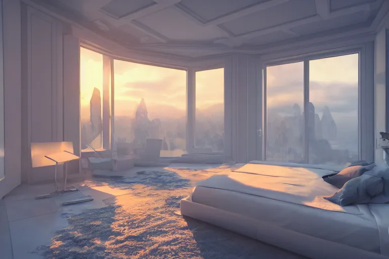 Image similar to a futuristic furnished bedroom with a large window at sunset, godrays, luxury furnish, white bed, complementary colors, warm lighting, path traced, highly detailed, high quality, concept art, 8k, calm, trending on Artstation