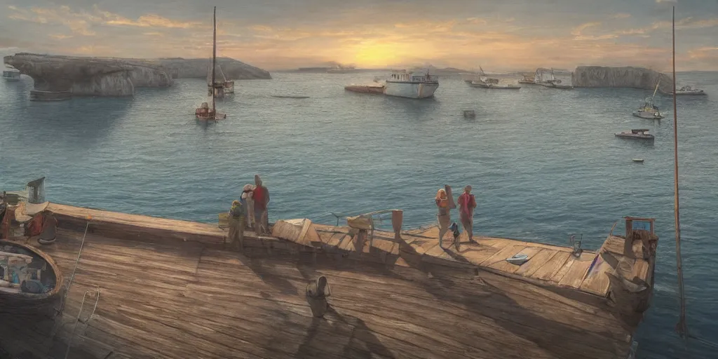 Image similar to wood dock low on water, child at edge of dock, big fishing boat next to the dock with waving sailors. low angle, sunrise, a mediterranean phoenician fishing village in the distance, chalk cliffs above, highly detailed, digital painting, artstation, concept art, sharp focus, illustration, art by artgerm and raphael lacoste and magali villeneuve