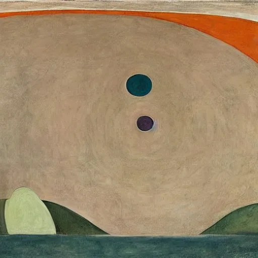 Image similar to doom by hilma af klint sepia. a mixed mediart of a landscape. it is a stylized & colorful view of an idyllic, dreamlike world with rolling hills, peaceful animals, & a flowing river. the scene looks like it could be from another planet, or perhaps a fairy tale.