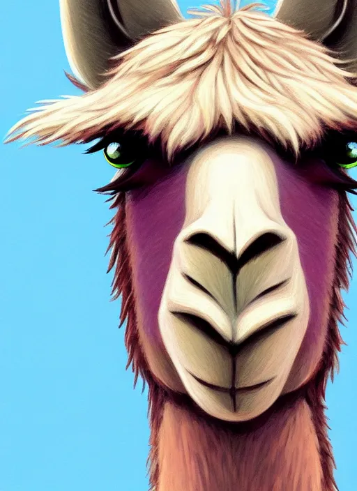 Image similar to centered!! macro head portrait of a llama, artstation, detailed cartoon, elegant, digital painting, concept art, smooth, sharp focus, illustration, ghibli, makoto shinkai, don bluth, fujita goro, jean giraud, akihiko yoshida, tom whalen 8 k