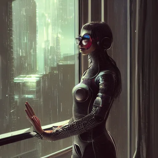 Image similar to portrait of cyberpunk woman looking out of a window, cyberpunk setting, futuristic, highly detailed, intricate lighting, digital painting, sharp focus, illustration, trending on artstation, art by wlop.