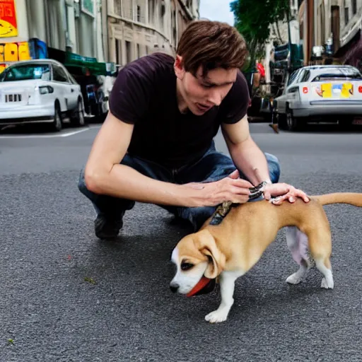 Prompt: Jerma985 eating a small dog in the middle of the street, 4k, high definition