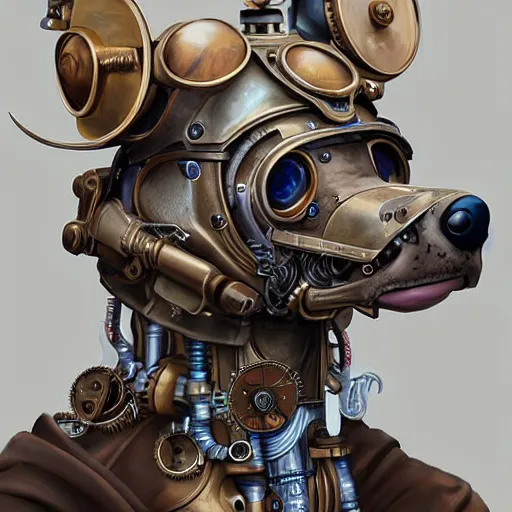 Image similar to portrait painting of a steampunk cyborg dog, transhumanism, ultra realistic, concept art, studio ghibli, intricate details, eerie highly detailed