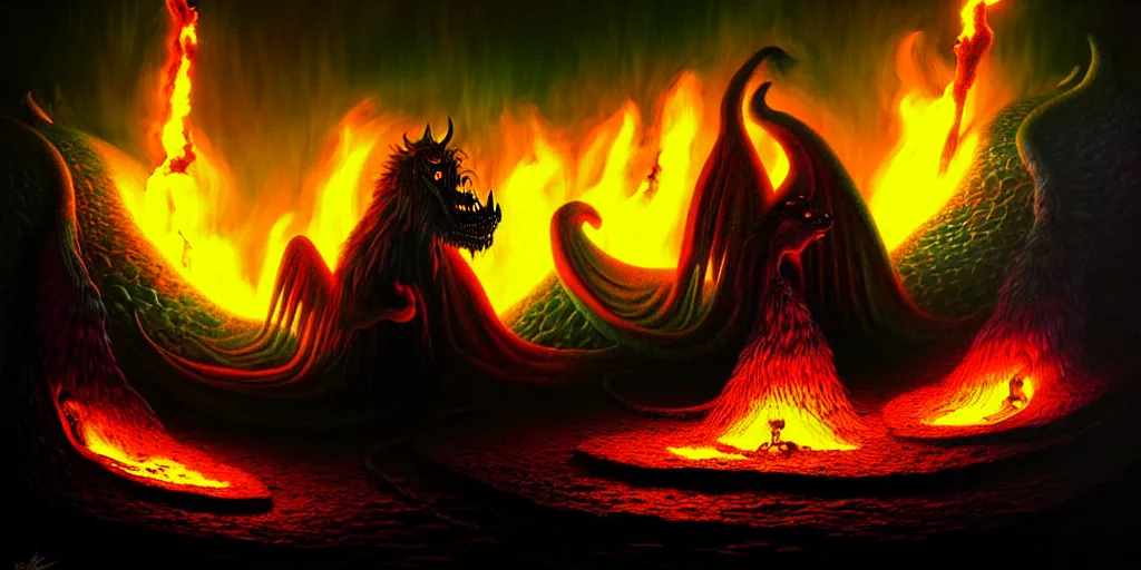 Image similar to mythical creatures and monsters at the mouth of hell, dramatic lighting glow from giant fire, in a dark surreal painting by ronny khalil