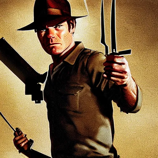 Image similar to dexter Morgan dressed as Indiana Jones throwing knives, realism