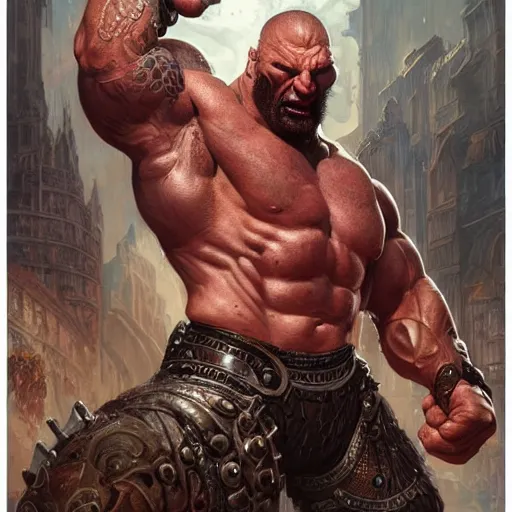 Image similar to ultra realistic illustration,, a hulking herculean dave bautista with leather armour, from doom and warhammer, intricate, elegant, highly detailed, digital painting, artstation, concept art, smooth, sharp focus, illustration, art by artgerm and greg rutkowski and alphonse mucha