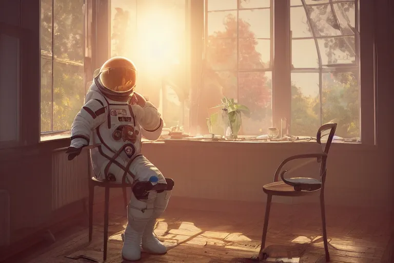 Image similar to a single cosmonaut in a spacesuit drinks a steaming cup of tea at an old wooden desk in a richly decorated Victorian house. the autumn light comes in through a window and dimly illuminates the room, diffuse light, octane render